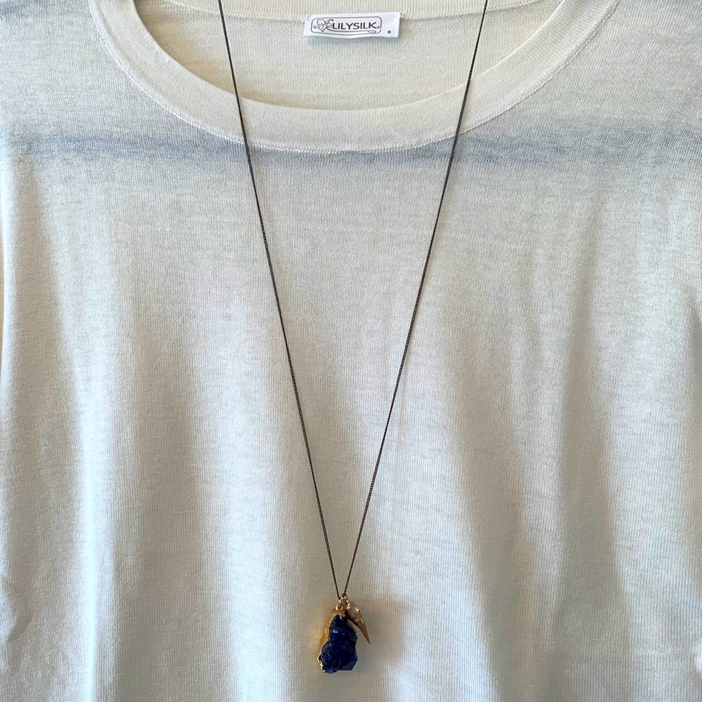 BCBG shark tooth and purple crystal necklace